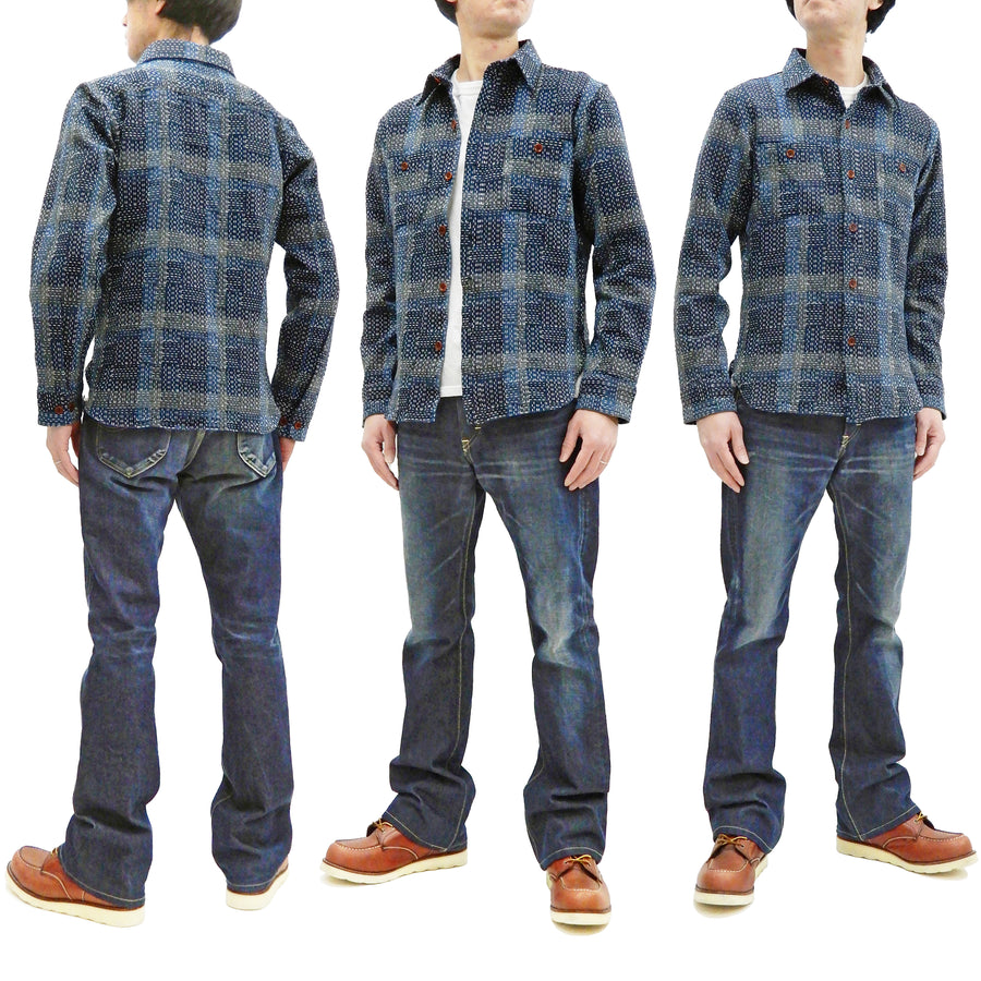 Studio D'artisan Shirt Noragi Boro Style Men's Long Sleeve Sashiko Shirt 5651 Blue