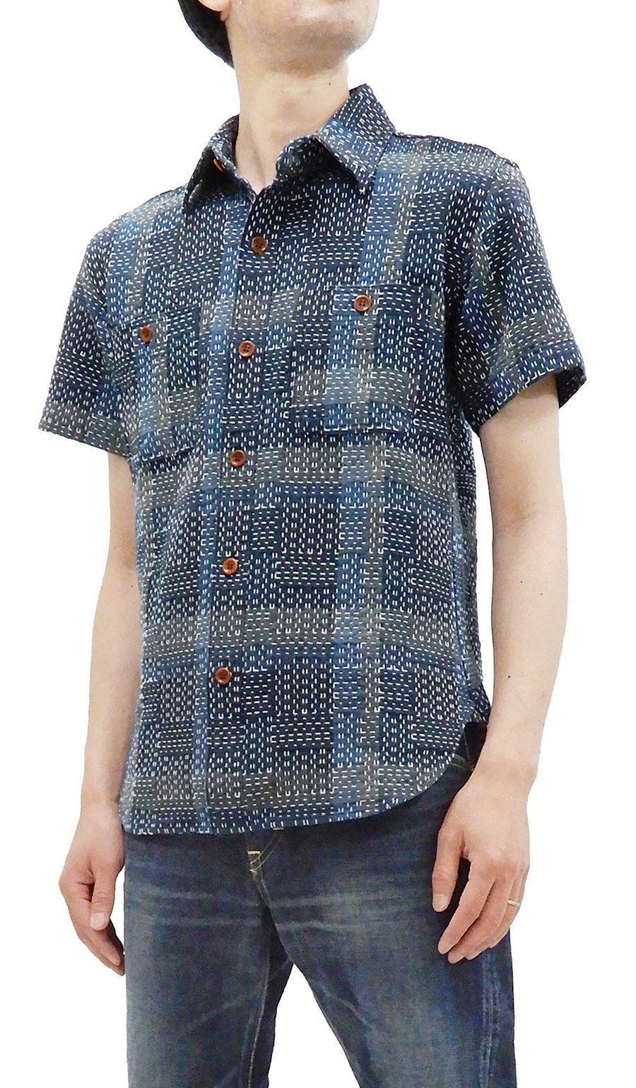 Studio D'artisan Shirt Noragi Boro Style Men's Short Sleeve Sashiko Shirt 5657 Blue