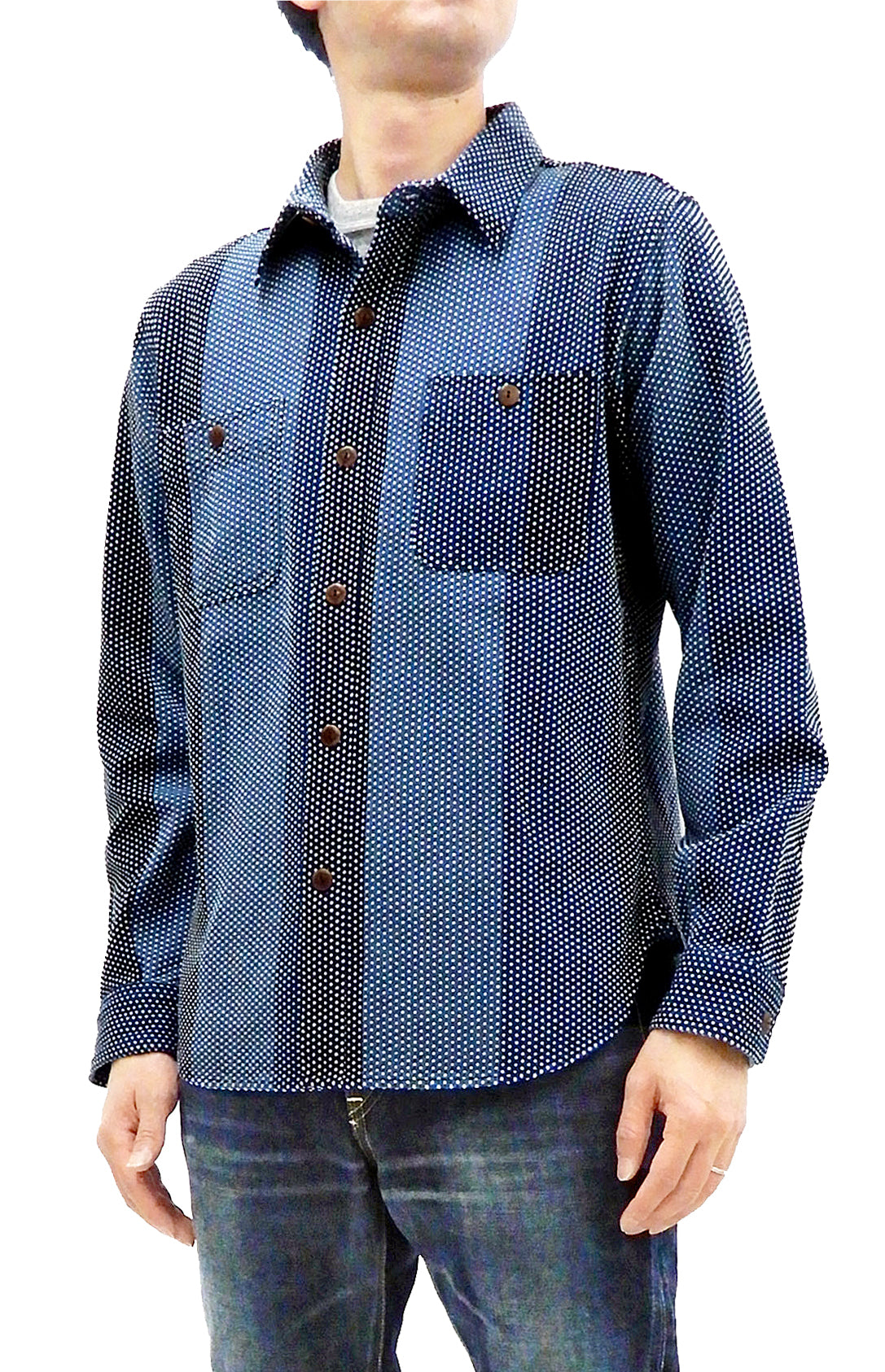 Studio D'artisan Sashiko Shirt Men's Boro-inspired Color Block Long Sleeve  Shirt 5658 Blue