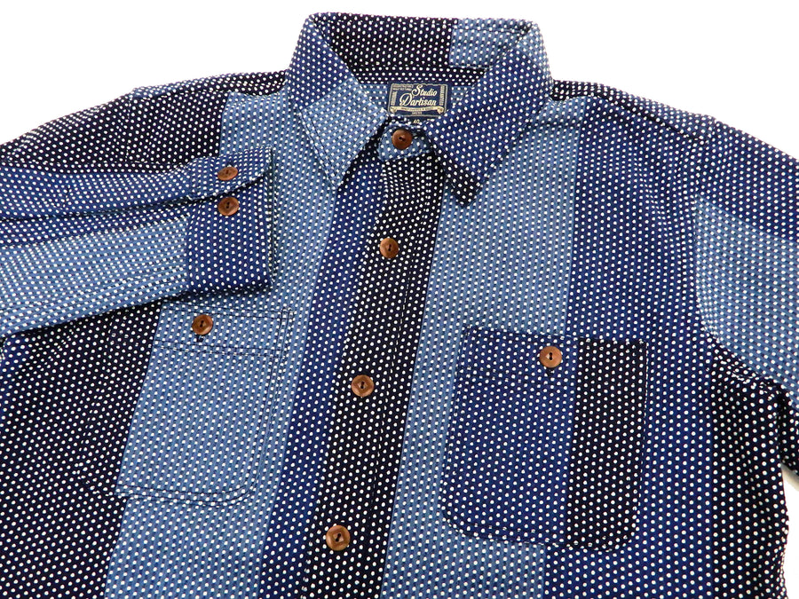 Studio D'artisan Sashiko Shirt Men's Boro-inspired Color Block Long Sleeve Shirt 5658 Blue