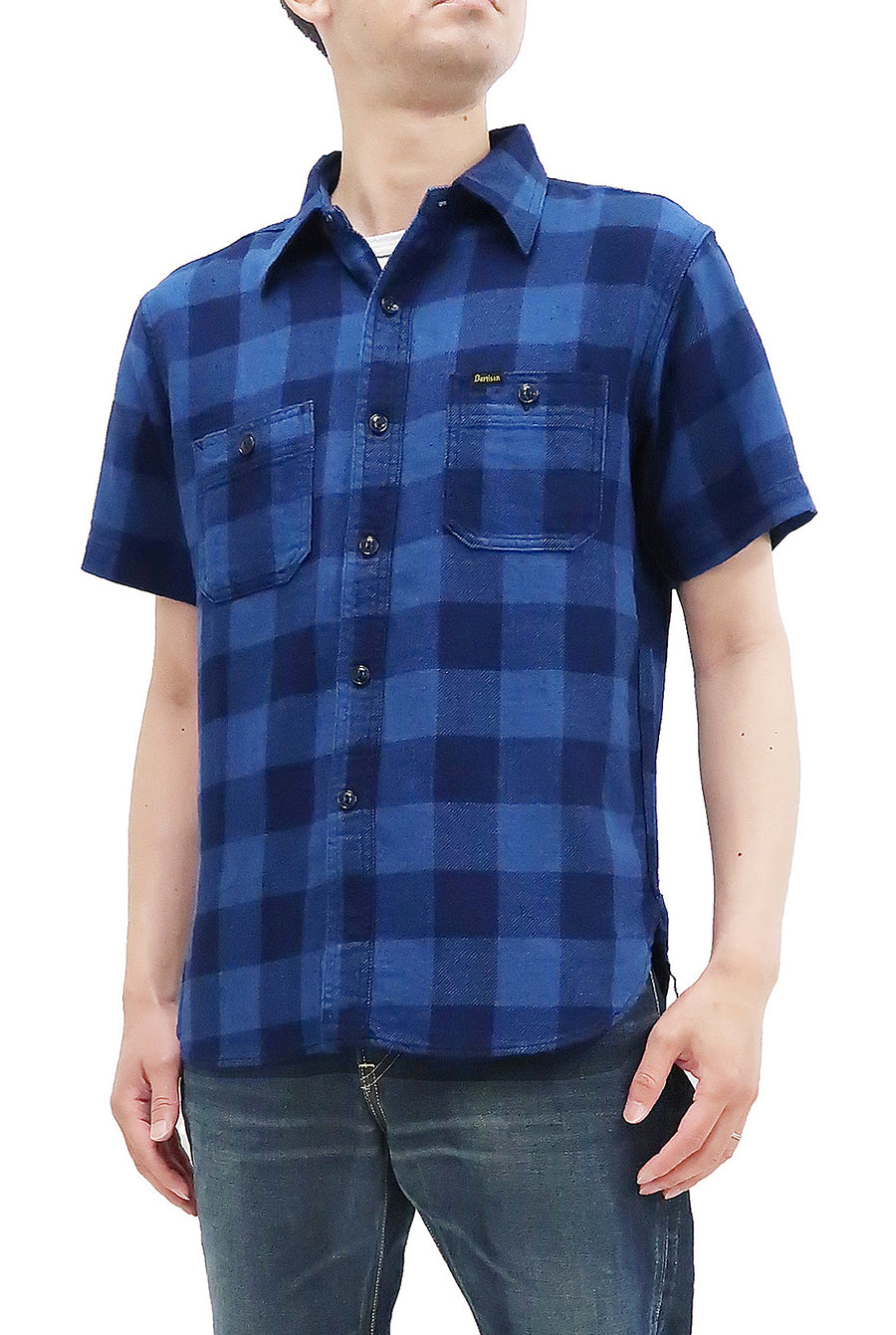Studio D'artisan Shirt Men's Yarn-Dyed Indigo Plaid Short Sleeve Button Up Shirt 5674