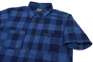 Studio D'artisan Shirt Men's Yarn-Dyed Indigo Plaid Short Sleeve Button Up Shirt 5674