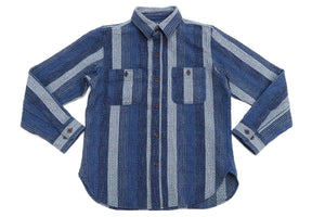 Studio D'artisan Shirt Men's Noragi Kasuri Sashiko Boro Style Long Sleeve Striped Shirt 5676 Navy-Blue