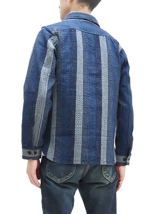 Studio D'artisan Shirt Men's Noragi Kasuri Sashiko Boro Style Long Sleeve Striped Shirt 5676 Navy-Blue