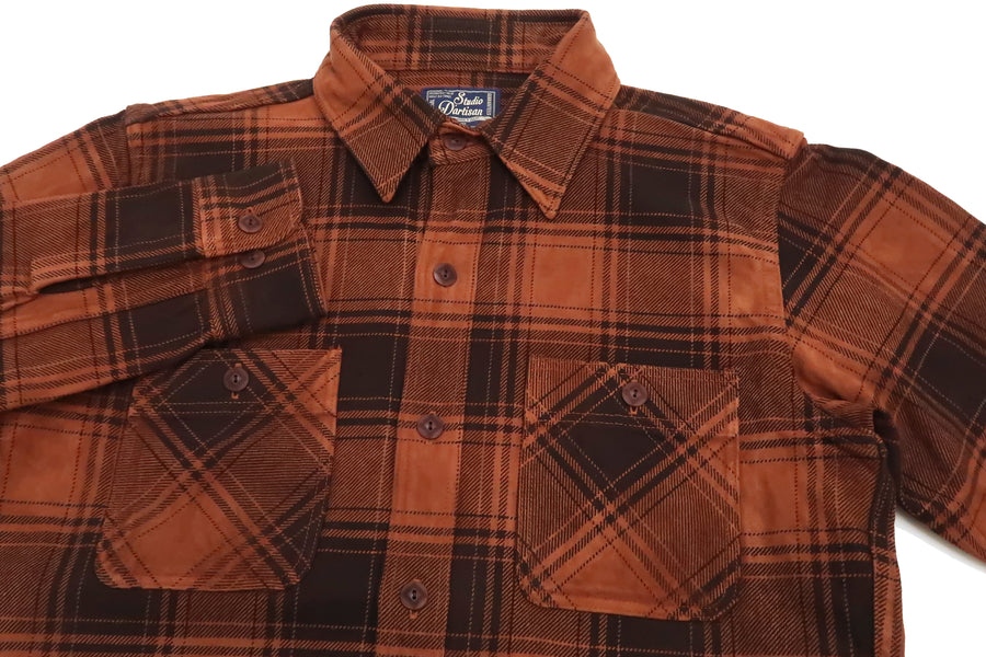 Studio D'artisan Plaid Flannel Shirt Men's Amami Dorozome Mud Dyed Long Sleeve Work Shirt 5678-DORO Brown