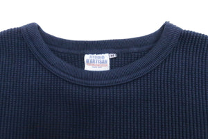 Studio D'Artisan Men's Heavyweight Waffle Knit Thermal Long Sleeve T-Shirt - 100% Cotton, Crew Neck, Ribbed Cuffs, Raw-edge hem, Made in Japan (SDA 9936) Navy-Blue