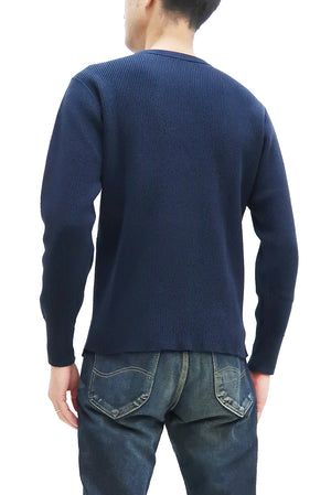 Studio D'Artisan Men's Heavyweight Waffle Knit Thermal Long Sleeve T-Shirt - 100% Cotton, Crew Neck, Ribbed Cuffs, Raw-edge hem, Made in Japan (SDA 9936) Navy-Blue