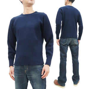 Studio D'Artisan Men's Heavyweight Waffle Knit Thermal Long Sleeve T-Shirt - 100% Cotton, Crew Neck, Ribbed Cuffs, Raw-edge hem, Made in Japan (SDA 9936) Navy-Blue