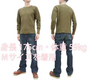 Studio D'Artisan Men's Heavyweight Waffle Knit Thermal Long Sleeve T-Shirt - 100% Cotton, Crew Neck, Ribbed Cuffs, Raw-edge hem, Made in Japan (SDA 9936) Khaki
