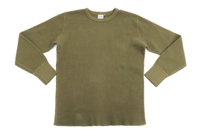 Studio D'Artisan Men's Heavyweight Waffle Knit Thermal Long Sleeve T-Shirt - 100% Cotton, Crew Neck, Ribbed Cuffs, Raw-edge hem, Made in Japan (SDA 9936) Khaki