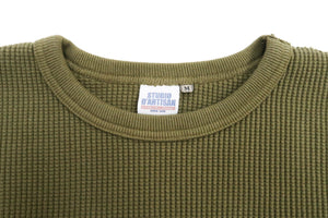 Studio D'Artisan Men's Heavyweight Waffle Knit Thermal Long Sleeve T-Shirt - 100% Cotton, Crew Neck, Ribbed Cuffs, Raw-edge hem, Made in Japan (SDA 9936) Khaki