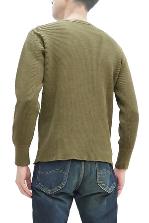 Studio D'Artisan Men's Heavyweight Waffle Knit Thermal Long Sleeve T-Shirt - 100% Cotton, Crew Neck, Ribbed Cuffs, Raw-edge hem, Made in Japan (SDA 9936) Khaki