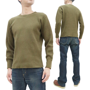 Studio D'Artisan Men's Heavyweight Waffle Knit Thermal Long Sleeve T-Shirt - 100% Cotton, Crew Neck, Ribbed Cuffs, Raw-edge hem, Made in Japan (SDA 9936) Khaki