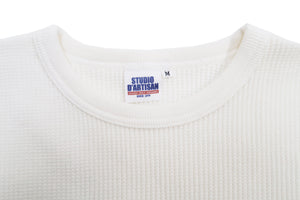 Studio D'Artisan Men's Heavyweight Waffle Knit Thermal Long Sleeve T-Shirt - 100% Cotton, Crew Neck, Ribbed Cuffs, Raw-edge hem, Made in Japan (SDA 9936) White