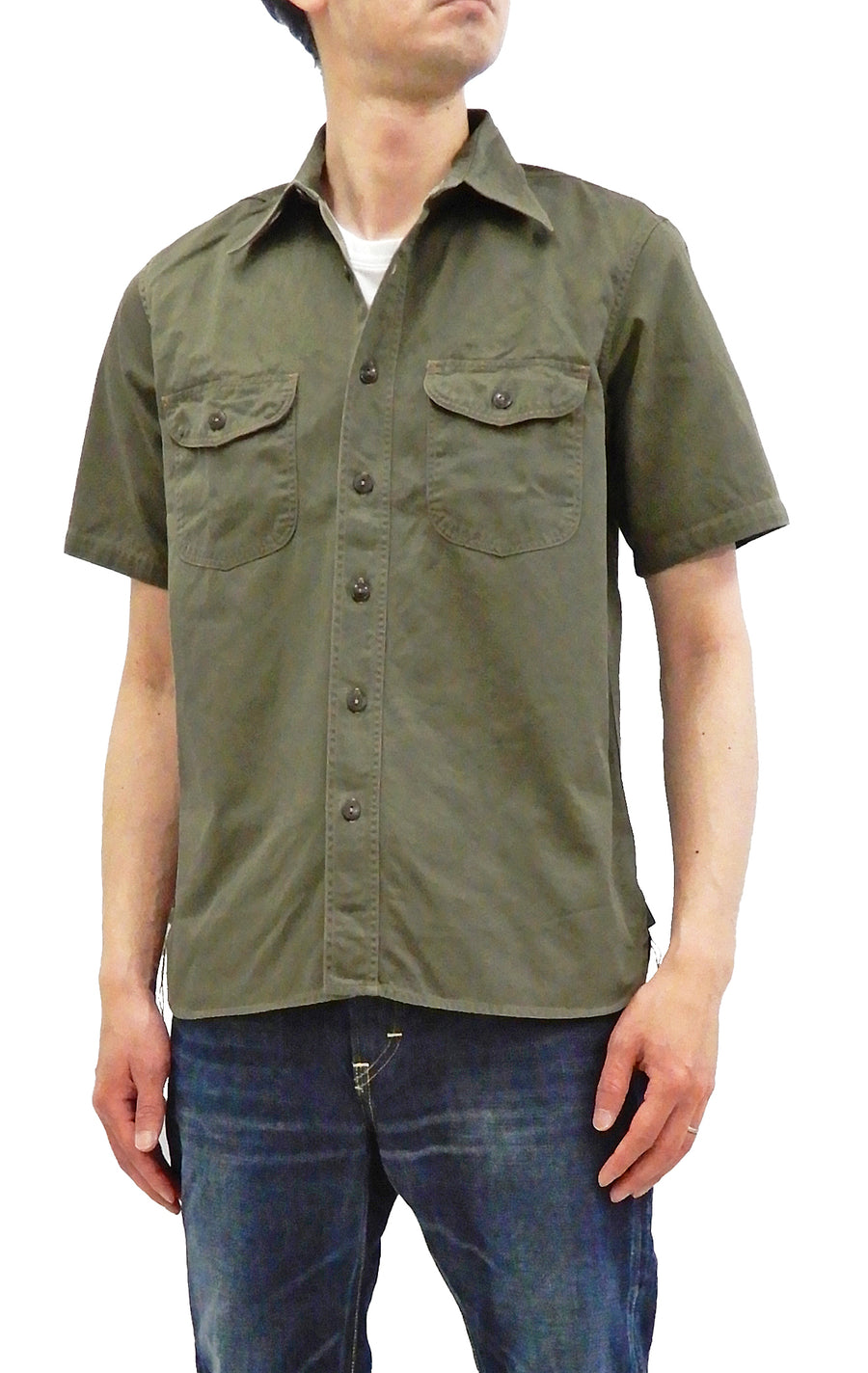 Buzz Rickson Men's Short Sleeve Plain Button Up Shirt HBT Military Style BR38401 Olive