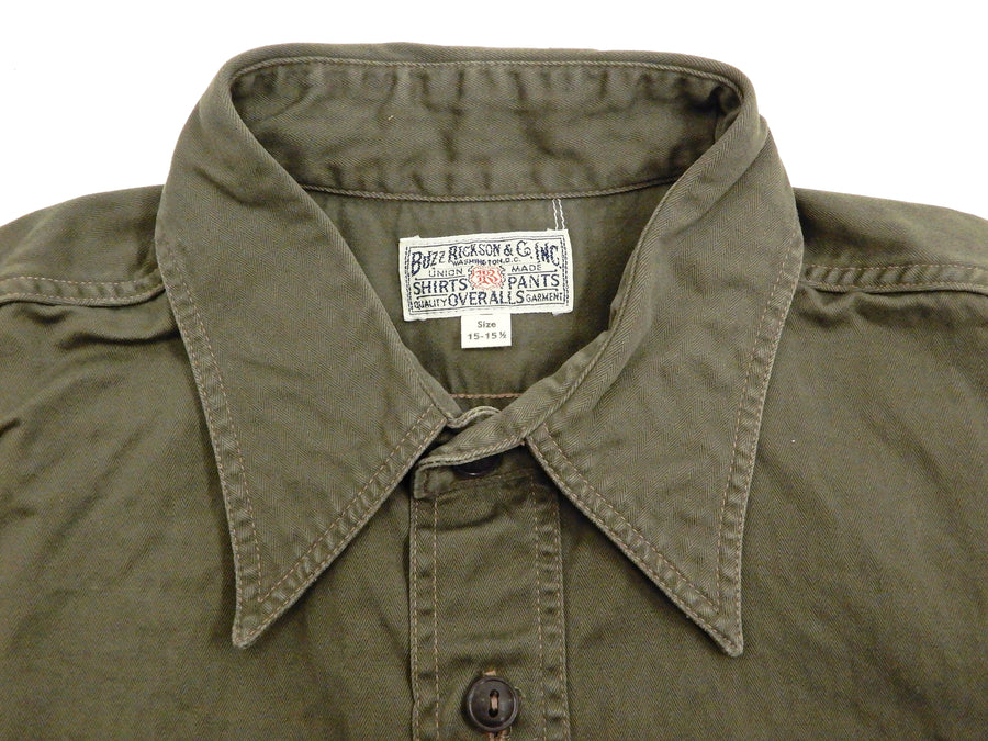 Buzz Rickson Men's Short Sleeve Plain Button Up Shirt HBT Military Style BR38401 Olive