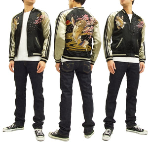 Satori Script Japanese Souvenir Jacket Koi Fish Carp Men's Sukajan GSJR-004 Black/Beige