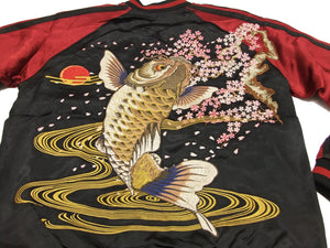 Satori Script Japanese Souvenir Jacket Koi Fish Carp Men's Sukajan GSJR-004 Black/Wine