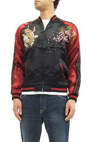 Satori Script Japanese Souvenir Jacket Koi Fish Carp Men's Sukajan GSJR-004 Black/Wine