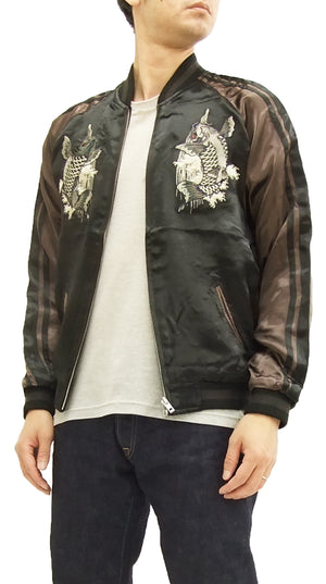 Satori Script Japanese Souvenir Jacket Koi Fish Carps Men's Sukajan GSJR-011 Black/Charcoal-Gray