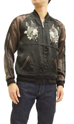 Satori Script Japanese Souvenir Jacket Koi Fish Carps Men's Sukajan GSJR-011 Black/Charcoal-Gray