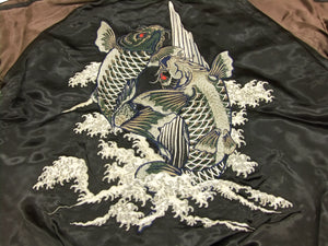 Satori Script Japanese Souvenir Jacket Koi Fish Carps Men's Sukajan GSJR-011 Black/Charcoal-Gray
