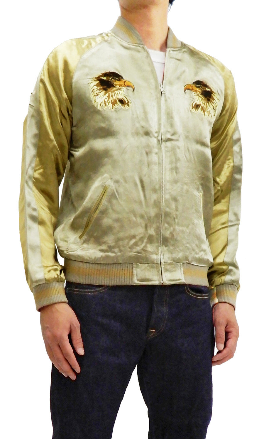 Satori Script Men's Japanese Souvenir Jacket Hawk Sukajan GSJR-018 Beige/Gold