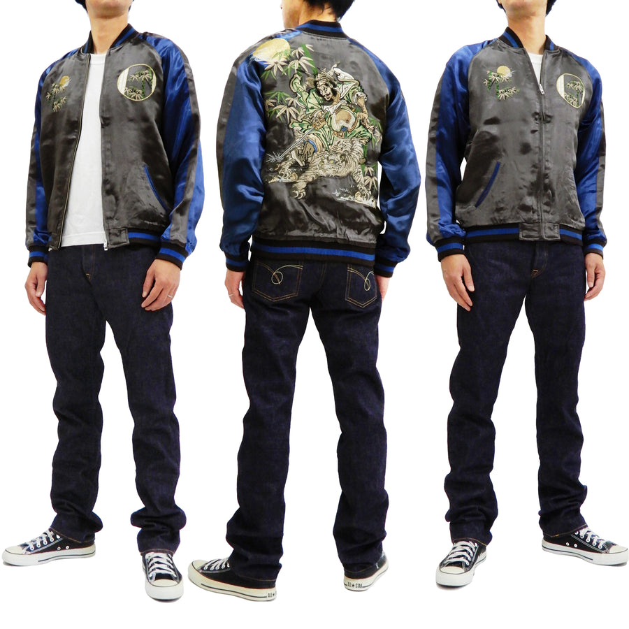 Satori Script Men's Japanese Souvenir Jacket Shoki Sukajan GSJR-019 Charcoal-Gray/Navy
