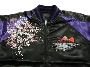 Satori Script Men's Japanese Souvenir Jacket Geisha Oiran Sukajan GSJR-021 Black/Dark-Blue