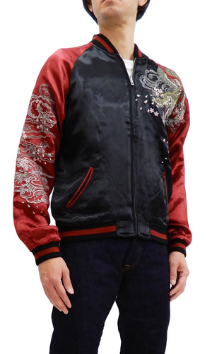 Satori Script Men's Japanese Souvenir Jacket Dragon Embroidered Sukajan GSJR-022 Black/Wine