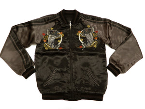 Satori Script Men's Japanese Souvenir Jacket Koi Fish Carp Sukajan GSJR-023 Black/Charcoal-Gray