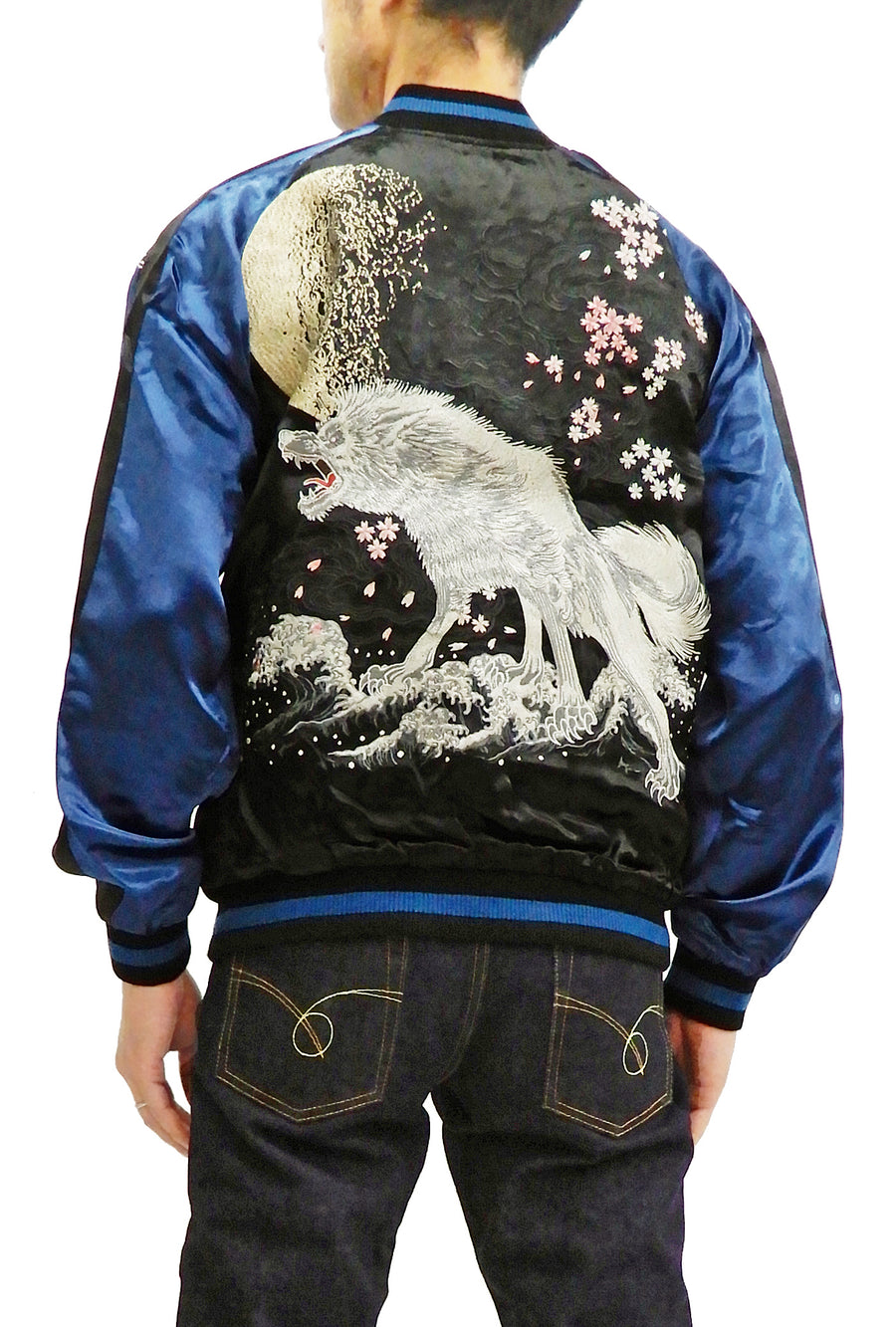 Satori Script Men's Japanese Souvenir Jacket Wolf with Moon Sukajan GSJR-025 Black/Dark-Blue