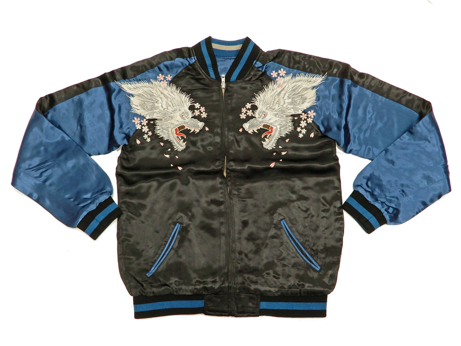 Satori Script Men's Japanese Souvenir Jacket Wolf with Moon Sukajan GSJR-025 Black/Dark-Blue