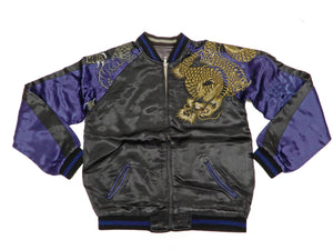 Satori Script Men's Japanese Souvenir Jacket Dragon Embroidered Sukajan GSJR-026 Black/Navy-Blue