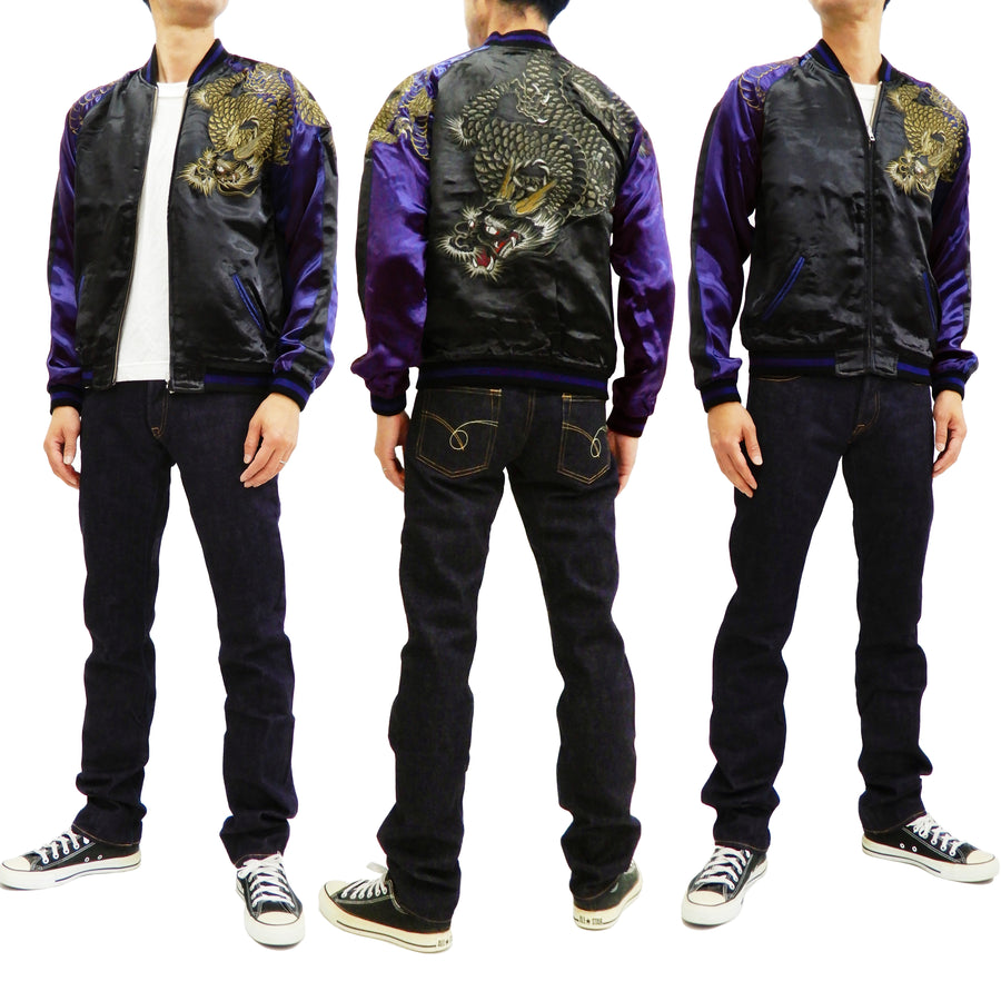 Satori Script Men's Japanese Souvenir Jacket Dragon Embroidered Sukajan GSJR-026 Black/Navy-Blue