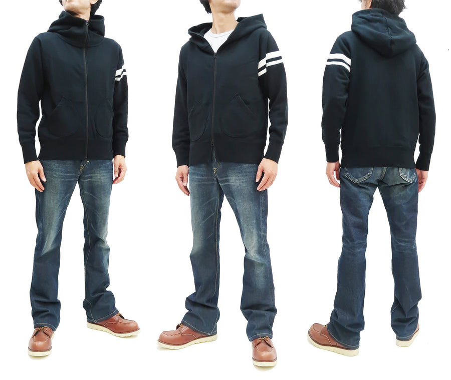 Momotaro Jeans Hoodie Men's High Neck 2-way Zip-Up Hooded Sweatshirt with GTB Stripe MKN1010M23 Black