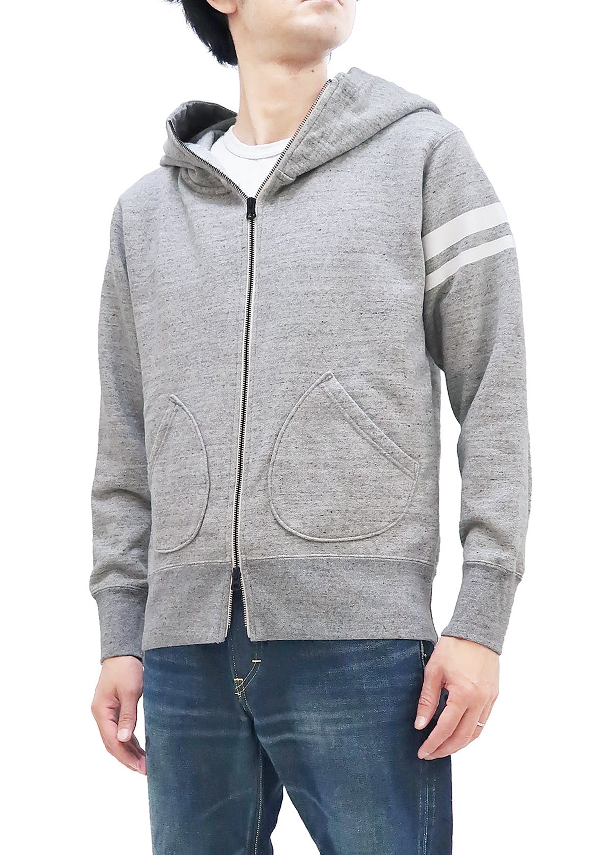 Momotaro Jeans Hoodie Men's High Neck 2-way Zip-Up Hooded Sweatshirt with  GTB Stripe MKN1010M23 Heather-Gray