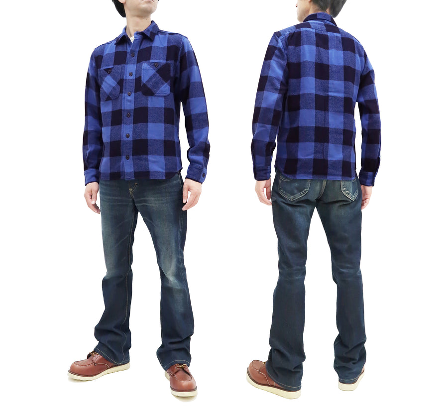 Momotaro Jeans Indigo Flannel Shirt Men's Heavy Herringbone Twill Buffalo Plaid Long Sleeve Work Shirt MLS1010M23