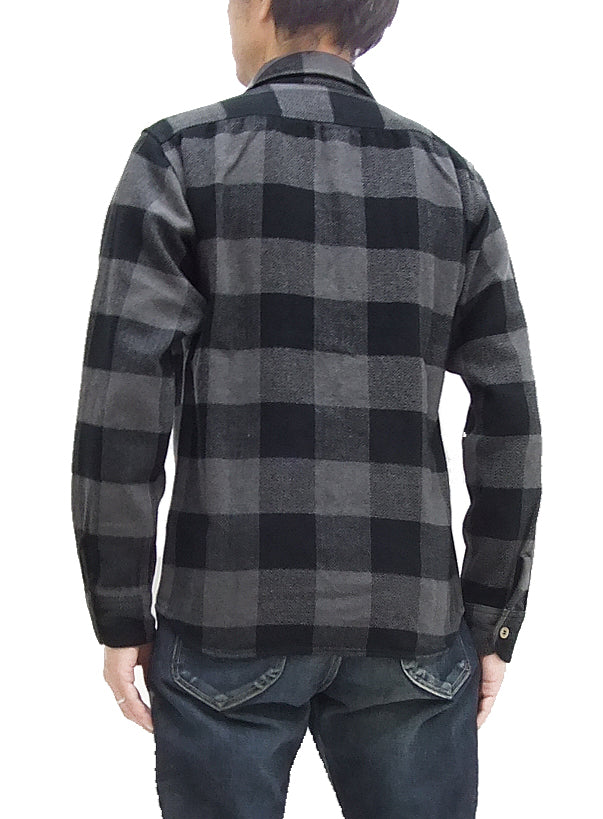 Momotaro Jeans Flannel Shirt Men's Herringbone Twill Buffalo Plaid Long Sleeve Work Shirt MLS1020M23 Gray/Black