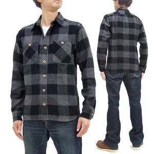 Momotaro Jeans Flannel Shirt Men's Herringbone Twill Buffalo Plaid Long Sleeve Work Shirt MLS1020M23 Gray/Black