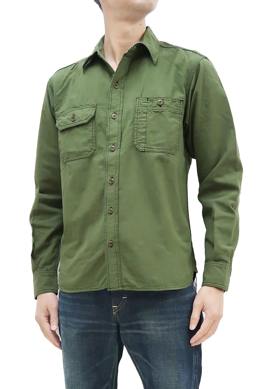 Momotaro Jeans Chambray Shirt Men's Solid Long Sleeve Button Up Work Shirt MLS2010M23 Olive Overdyed