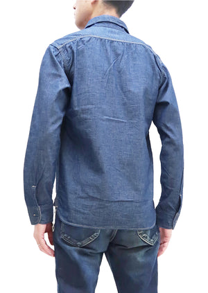 Momotaro Jeans Chambray Shirt Men's Solid Long Sleeve Button Up Work Shirt MS044 ID Blue