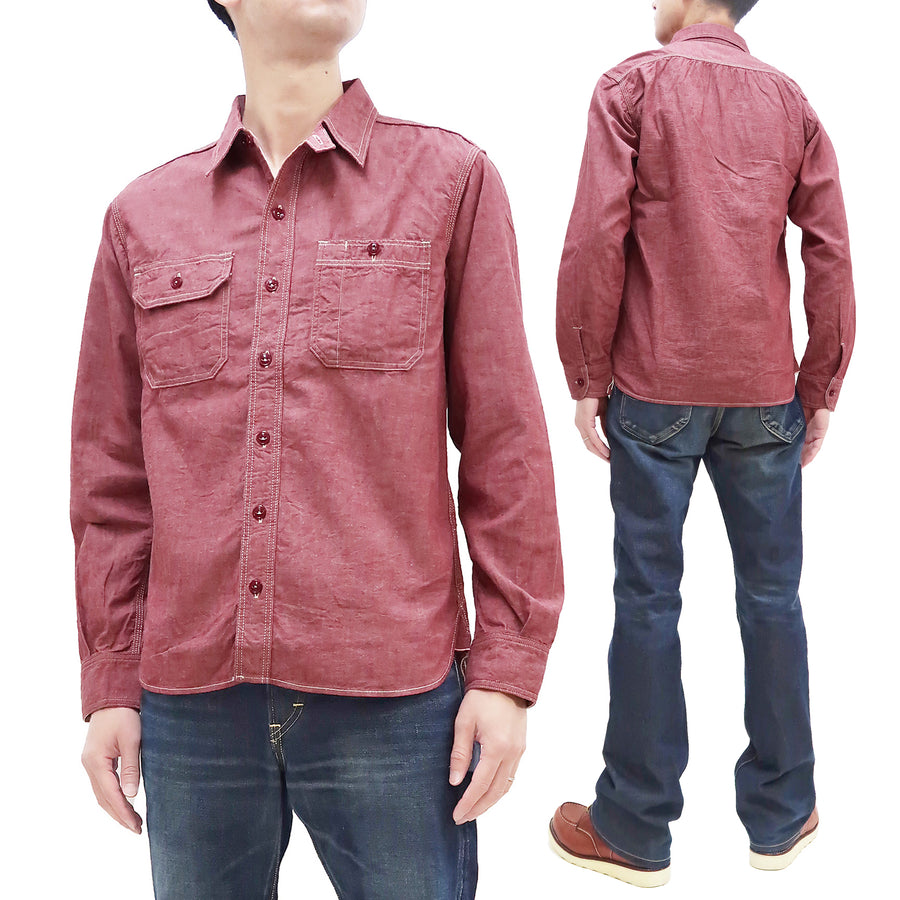 Momotaro Jeans Chambray Shirt Men's Solid Long Sleeve Button Up Work Shirt MS044 Red