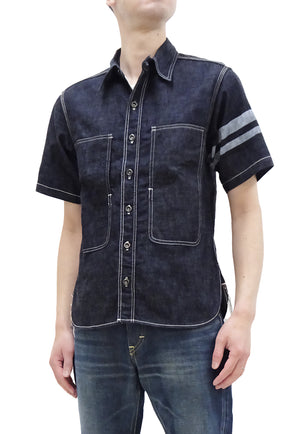 Momotaro Jeans Denim Shirt Men's Short Sleeve Button Up Work Shirt with GTB Stripe MSS0010M31S Indigo