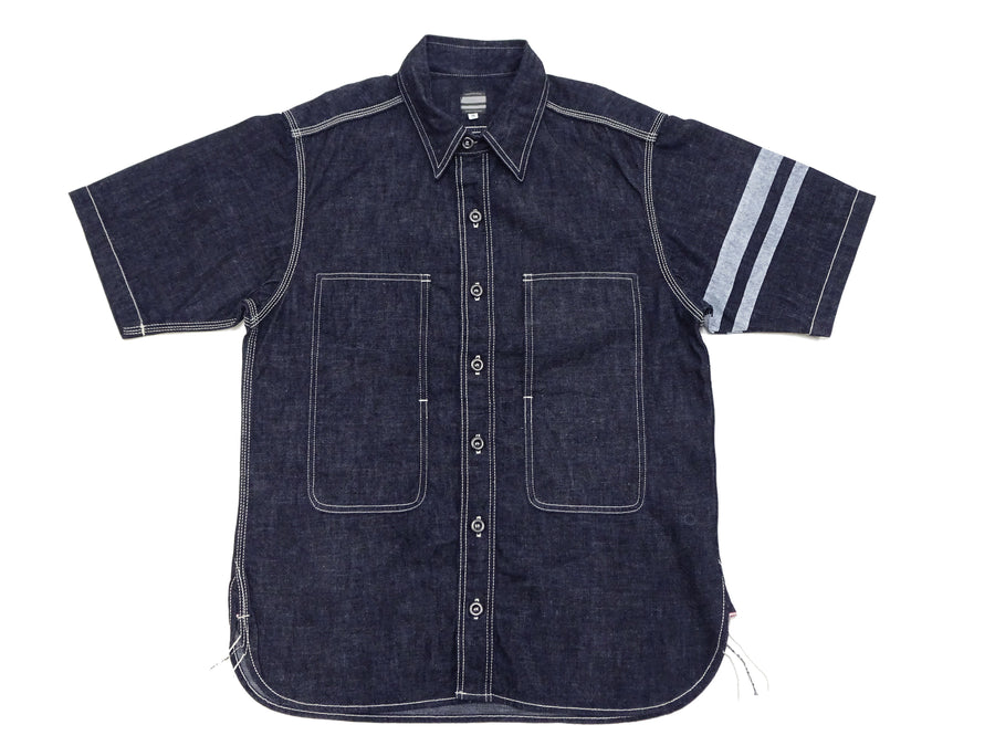 Momotaro Jeans Denim Shirt Men's Short Sleeve Button Up Work Shirt with GTB Stripe MSS0010M31S Indigo