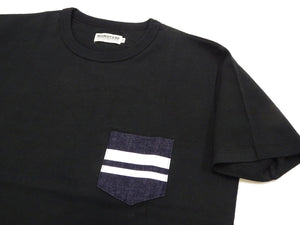 Momotaro Jeans Pocket T-shirt Men's Short Sleeve Tee Shirt with GTB Striped Denim Pocket MT003 Black