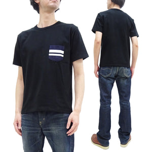 Momotaro Jeans Pocket T-shirt Men's Short Sleeve Tee Shirt with GTB Striped Denim Pocket MT003 Black