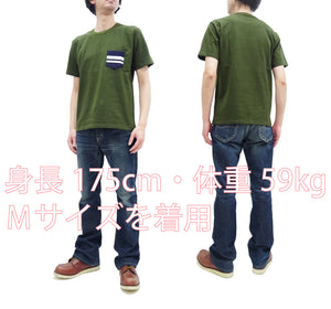 Momotaro Jeans Pocket T-shirt Men's Short Sleeve Tee Shirt with GTB Striped Denim Pocket MT003 OD Olive-Green