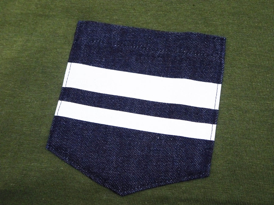 Momotaro Jeans Pocket T-shirt Men's Short Sleeve Tee Shirt with GTB Striped Denim Pocket MT003 OD Olive-Green