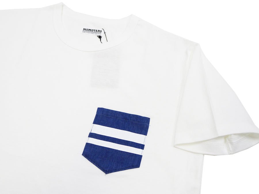 Momotaro Jeans Pocket T-shirt Men's Short Sleeve Tee Shirt with GTB Striped Denim Pocket MT003 White